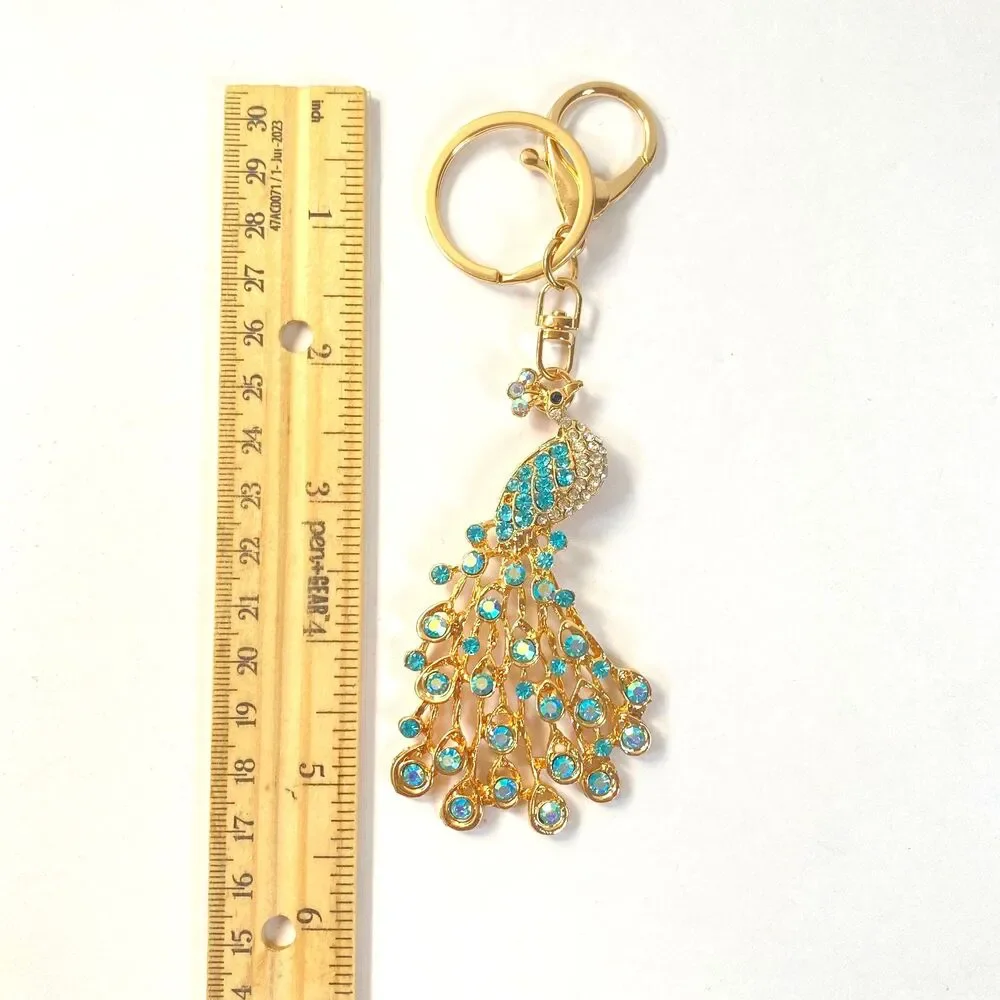 Peacock Rhinestone Charm Keychain Key Holder Multicolor Gold Tone Metal New